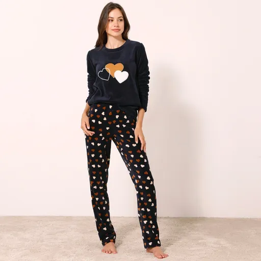 Pijama din fleece cu motiv de inimă și mâneci lungi