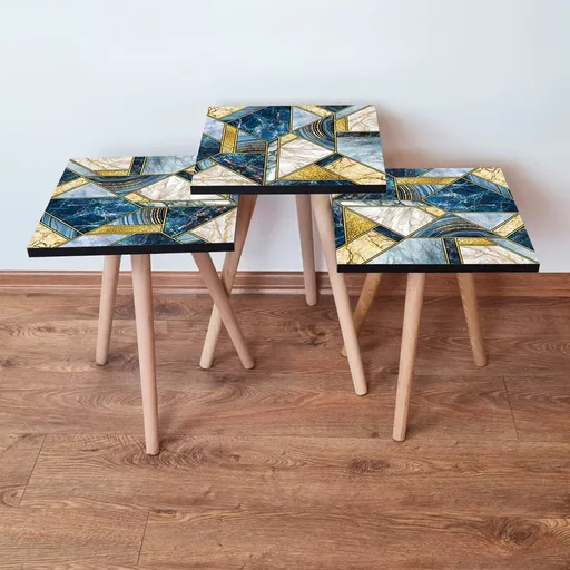 Set masute 3 piese, Hanah Home, 3Shp84, Bleumarin / Albastru / Auriu / Alb