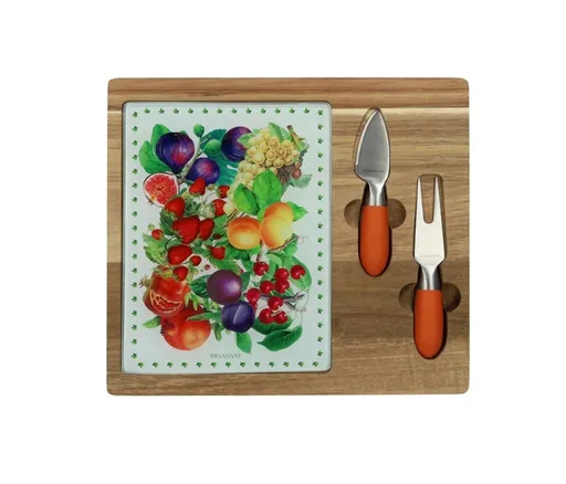 Set servire branzeturi, tocator si cutite, Le Primizie, Brandani, 23x26 cm, lemn de salcam/sticla