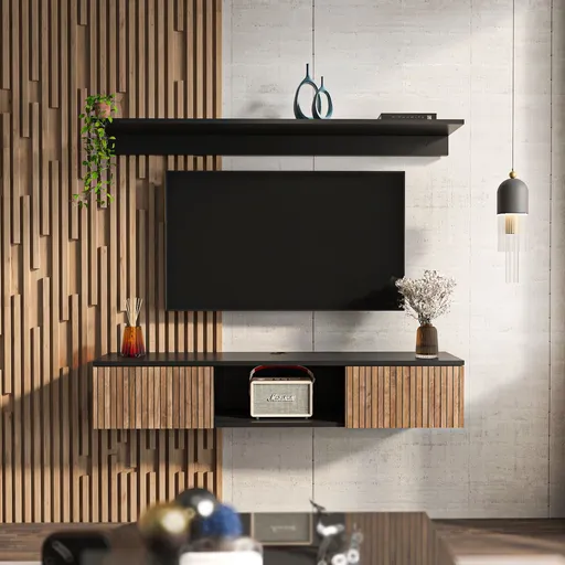 Comoda TV, Hanah Home, Elia, 140x25.6x32 cm, Lemn/Negru