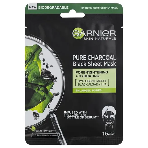 Garnier Masca textil negru cu extract de alge marine Pure Charcoal Skin Natura l s (Black Tissue Mask) 28 g
