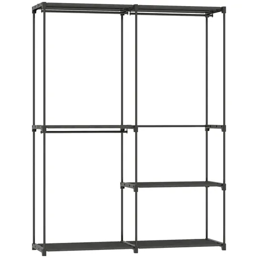 HOMCOM Dulap de Haine cu 2 Bare și 4 Rafturi, din Material Non-Țesut, Plastic și Oțel, 142x43x185 cm, Negru | Aosom Romania