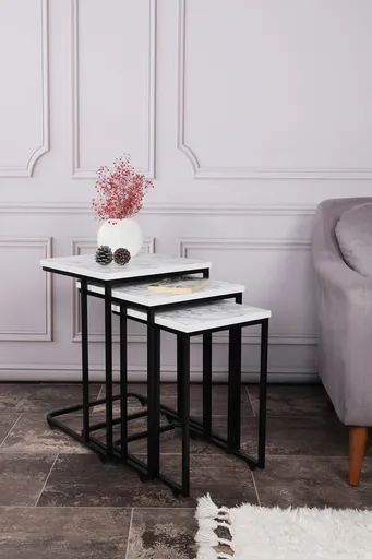 Set masute 3 piese, Hanah Home, Ce Metal Zigon, Alb/Negru