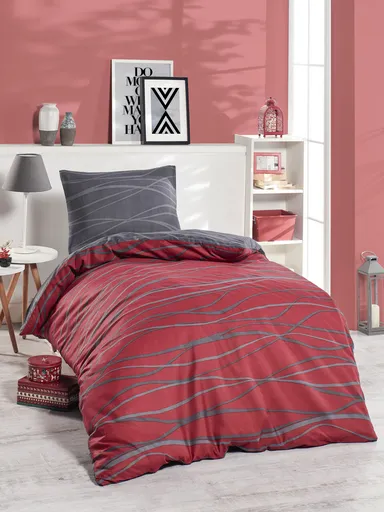 Lenjerie de pat pentru o persoana 2 piese, L'essentiel Maison, Verda, 65% bumbac/35% poliester, Roșu Claret / Gri