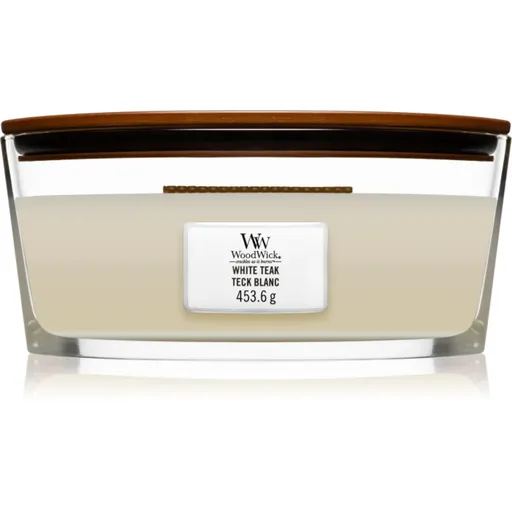 Woodwick White Teak lumânare parfumată cu fitil din lemn (hearthwick) 453.6 g