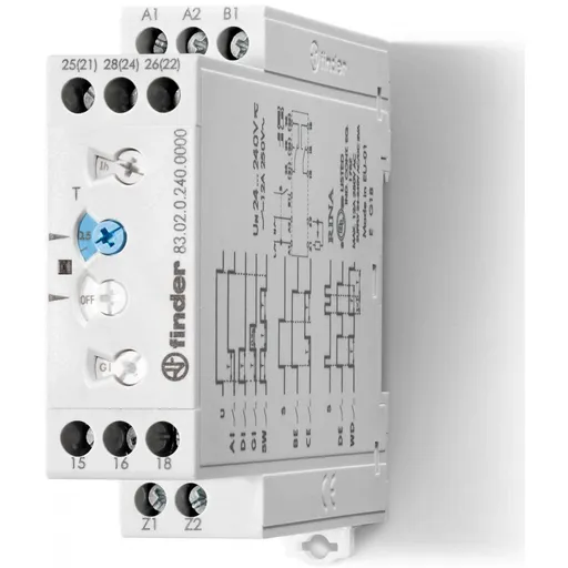 Releu de timp, multifunctiune (AI, DI, SW, BE, CE, DE), multi-tensiune 24-240VAC/VDC, 12A, 2CC Finder 83.02.0.240.0000