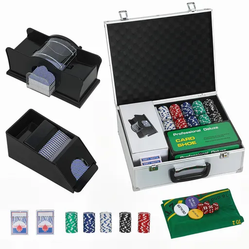 SPORTNOW Set de Poker cu 300 de Jetoane, Amestecător de Cărți, Suport de Cărți, Cazinou Texas Holdem Poker Set cu Covoraș, Argintiu | Aosom Romania