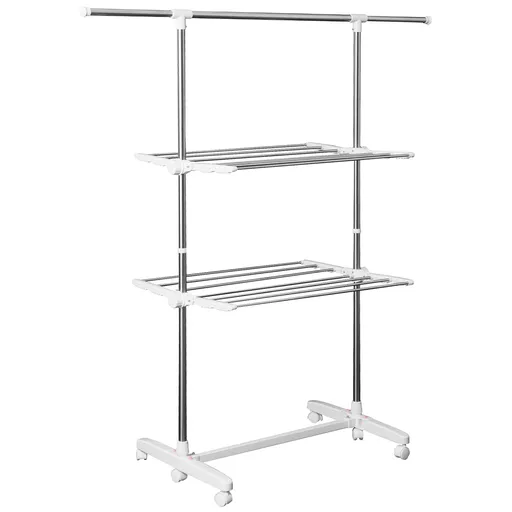 Suport de rufe HOMCOM, extensibil, cu 3 niveluri, cu brațe pliabile, roti, uscător de rufe pentru interior și exterior, Alb, 83-136,5 x 45,5 x 154 cm
