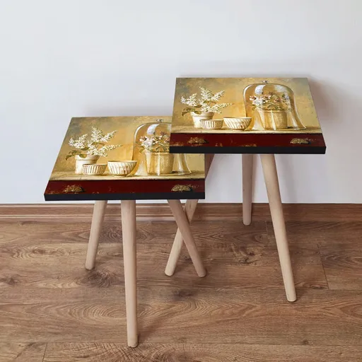 Set masute 2 piese, Hanah Home, 2Shp308, Crem / Roșu / Bej / Maro