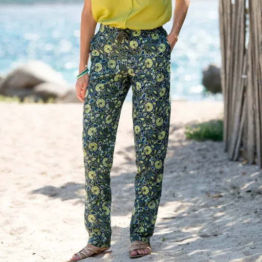 Pantaloni strâmți cu imprimeu etno, bumbac-lin