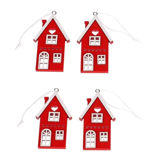 Casă suspendată din lemn, roșie, înălțime 9 cm,SET DE 4