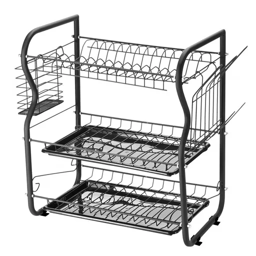 Uscător de vase Rosberg R53000O, 3 niveluri, Tava detașabilă, Suporturi pentru pahare și ustensile, Negru
