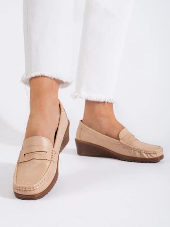 Mocasini bej de lux pentru femei, fără toc, de culoare bej