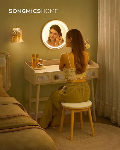 Masuta de toaleta si oglinda cu lumina reglabila / masuta dressing, Vasagle, Bohemian, 90x43x82 cm, MDF/lemn masiv, bej