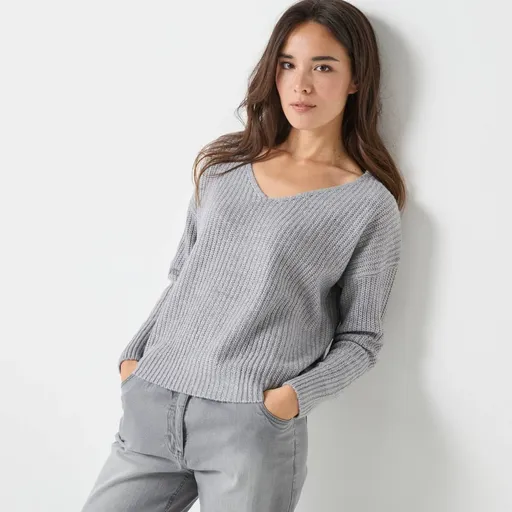 Pulover lejer cu model simplu și decolteu în V, aspect mohair la atingere