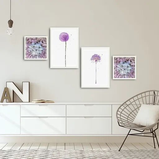 Set 4 tablouri decorative, Alpha Wall, Pink Dandelion, 30x30/35x50 cm