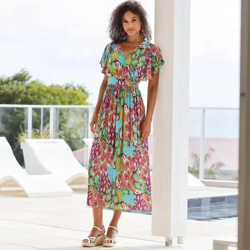 Rochie midi Crepon cu decolteu încrucișat și imprimeu