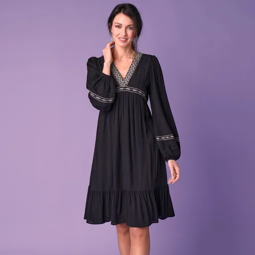 Rochie de culoare solidă brodată, stil popular