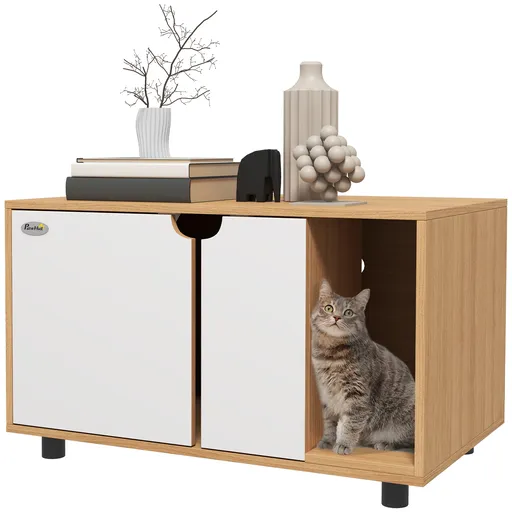 PawHut Mobilier pentru litieră, casă de toaletă pe picioare pentru pisici 2 în 1, uși, stil scandinav 80 x 48 x 48 cm natural și alb | Aosom Romania