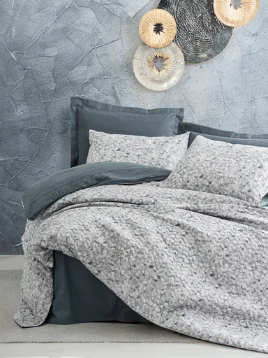 Lenjerie de pat dubla King (FR), L'essentiel Maison, Molly, Antracit / Alb / Gri