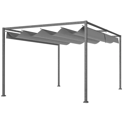 Outsunny Pergolă Gazebo 4x3 m cu Acoperiș Retractabil, Orificii de Drenaj, Țepușe și Șuruburi, Pergolă pentru Grădină din Poliester și Metal, Gri Înch