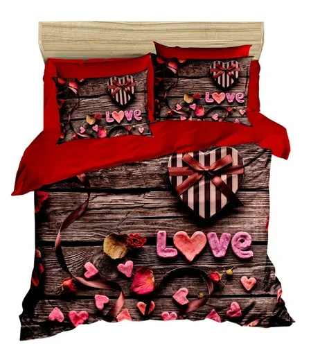 Lenjerie de pat dubla King (FR), 3 piese, L'essentiel Maison, 178, Roșu / Maro / Roz
