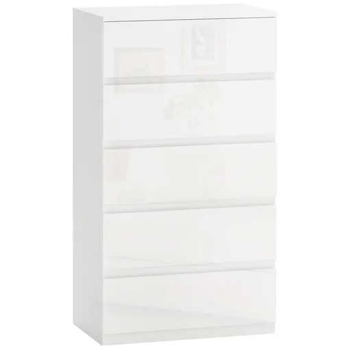 HOMCOM Comodă, Modernă și Anti-răsturnare, Dulap de Depozitare cu 5 Sertare din Pal Melaminat, 55x33x100 cm, Alb Lucios | Aosom Romania