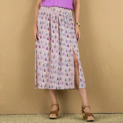 Fustă midi cu fantă, talie flip flop și imprimeu