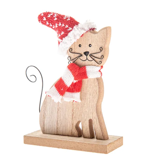 Pisică din lemn cu eșarfă și căciulă tricotate, 14 cm, naturală