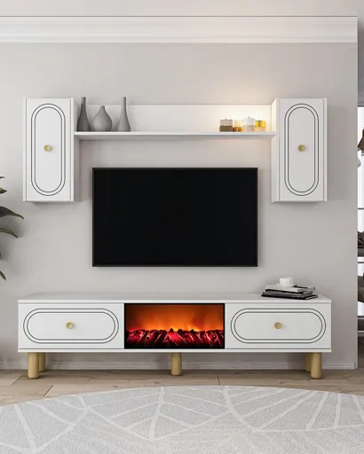 Comoda TV, Hanah Home, Polen Bohem Fireplace, 150x44.6x29.6 cm, PAL , Alb