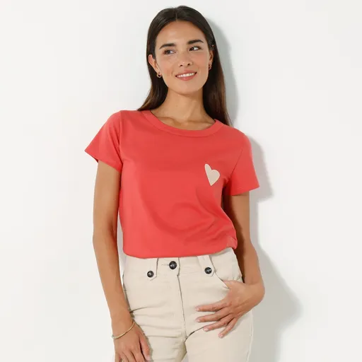 Tricou cu broderie cu inimă, culoare solidă