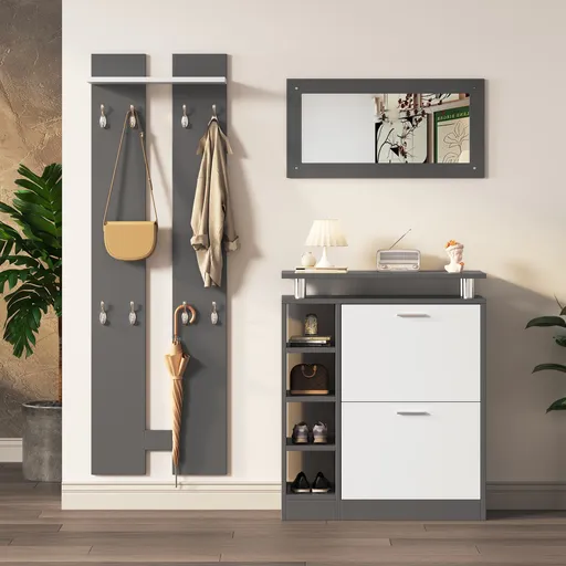 Cuier de perete pentru hol cu oglindă, Gri+Alb | Aosom Romania