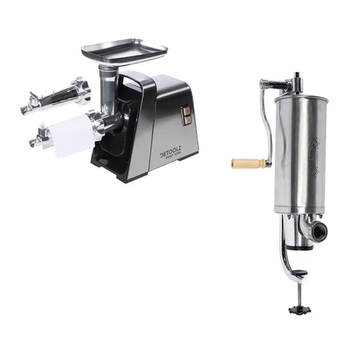 Pachet Masina Electrica Inox de Tocat Carne, 1400W, 100 kg/h, cu Accesorii Carnati si Rosii + Masina de Umplut Carnati Manual Vertical, capacitate 4 k