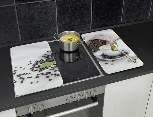 Set 2 protectii universale pentru aragaz Cafe Aromatica, Wenko, 30x52x1.8-5 cm, sticla temperata, multicolor