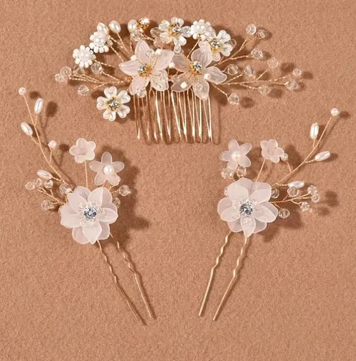 Accesoriu Par Mireasa - Ace Coc si Piepten Faux Pearl  Flower - 3 buc