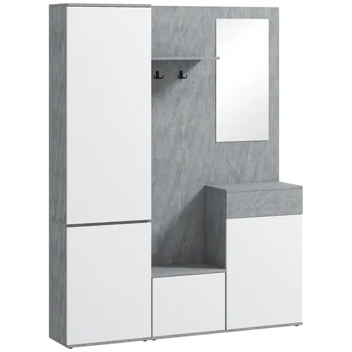 HOMCOM Mobilier 4 în 1 cu Oglindă, Cuiere și Rafturi Interioare Reglabile, Mobilier Multifuncțional, 145x29x184 cm, Gri | Aosom Romania