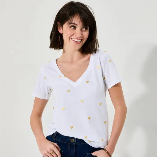 Tricou cu decolteu în V, cu mâneci scurte, cu imprimeu cu inimă peste tot