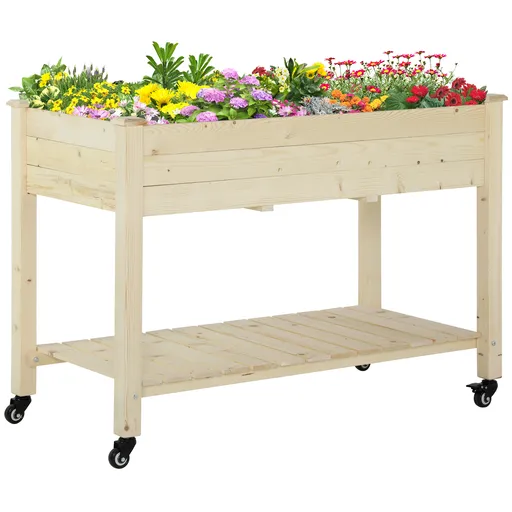 Outsunny Pat Grădină Legume Înălțat Lemn cu Roți, Jardiniera Înălțată cu Raft Inferior, 118x55x83cm, Natural | Aosom Romania