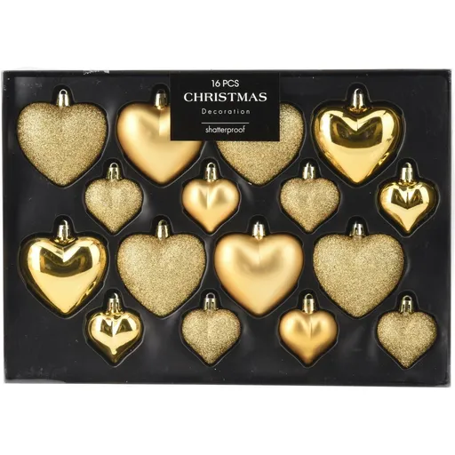 Set de 16 ornamente de Crăciun Hearts, auriuintens, cutie 31,5x3,5x22,5 cm, plastic, auriu