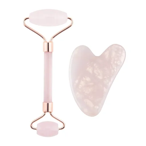 Palsar 7 Rola de masaj și placa cu cuarț Guasha (Rose Quartz Jade Roller