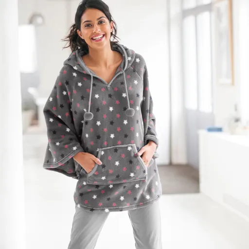 Poncho din fleece cu glugă, moale la atingere