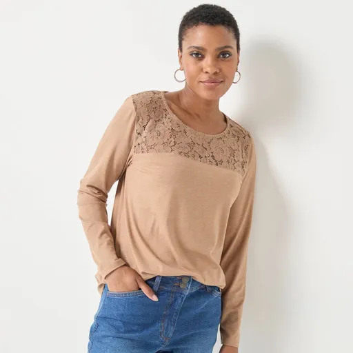 Tricou cu decolteu rotund, mâneci lungi și dantelă