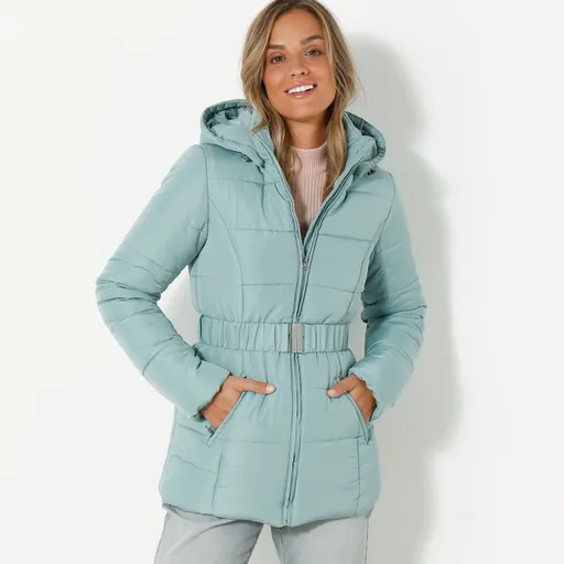 Jachetă scurtă matlasată impermeabilă cu curea, cu fermoar