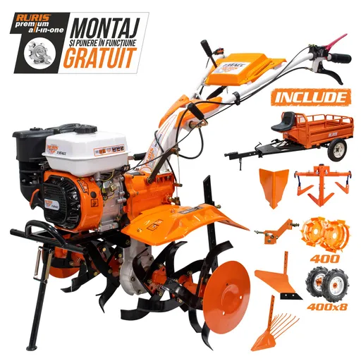 Motosapatoare Ruris 731acc3 + Roti Cauciuc  5.00-8+Rarita+Plug+Adaptor+Dispozitiv Scos Cartofi+Roti Metalice 400 fara Manicot+Cultivator+set Contragre