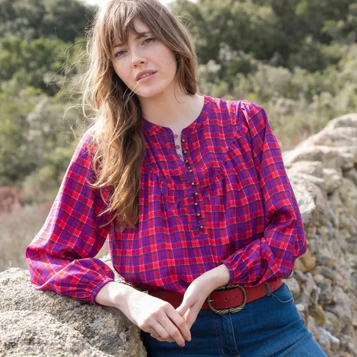 Bluză cu imprimeu în carouri, stil popular