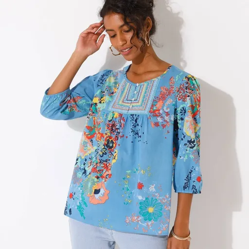 Bluză cu broderie și imprimeu floral