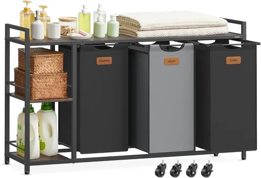 Cos de rufe cu 3 compartimente, rafturi si roti, Vasagle, 150 L, 117x33x80.5 cm, otel/PAL/tesatura Oxford, negru/gri