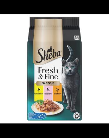 Plicuri hrana SHEBA Fresh &amp; Fine 6x50 g in sos cu pui, cu somon, curcan