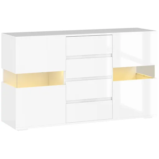 HOMCOM Bufet cu Lumini LED Reglabile prin Telecomandă, Mobilier de Sufragerie cu 4 Sertare și 2 Dulapuri, 120x34x70 cm, Alb | Aosom Romania