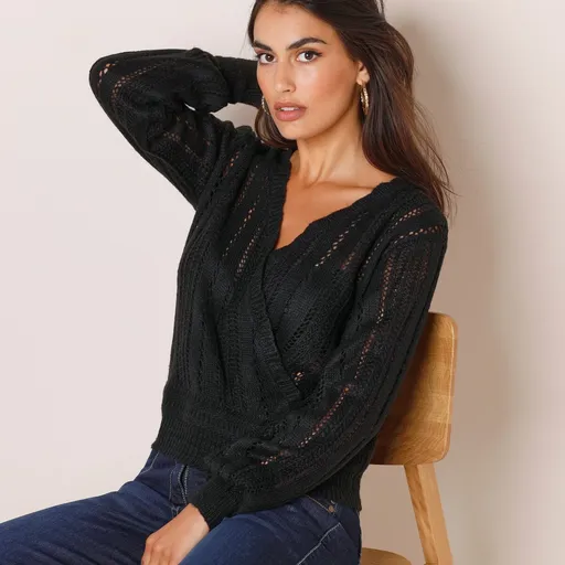 Pulover din catifea cu efect de înfășurare, cu atingere de mohair